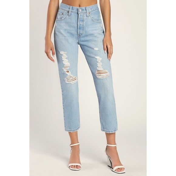 Levis Premium Womens 501 Original Fit Denim Jean Blue High Rise Distressed New